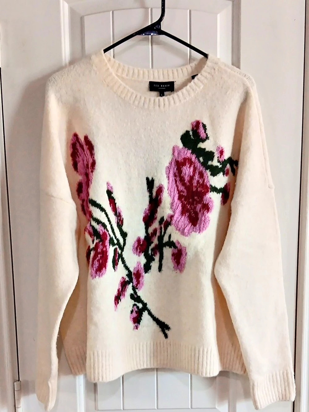 NWT Ted Baker Cream Ivory Floral Jacquard Knit Crewneck Sweater Wool Alpaca L